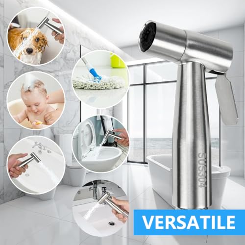 HASTHIP® Toilet Spray Gun Pressurized Handheld Sprayer Bidet Hose Stainless Steel Rinser No Drill Universal G1/2 Spray for Installation Kit 4ft Soft Hose 2PCS