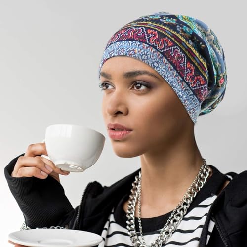 PALAY® Beanie Cap for Women Floral Print Chemo Slouchy Hijab Turban Fashion Hip-Hop Skull Dwarf Hats Boho Soft Running Head Scarves Teen Girls All Season Use 3 PCS Blue