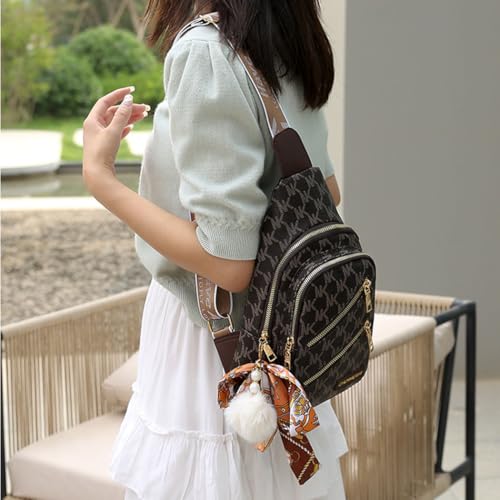 PALAY® PU Chest Bag for Women Fashion Vintage Printed Multi-Compartment Zip-up Shoulder Crossbody Travel Casual Sling with Charm 2 PCS