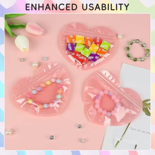 ZIBUYU® 200PCS Ziplock Pouch Small Pink Heart Shape Zip Lock Bag DIY Handmade Jewellery Pouch with Zipper Business Resealable Transparent for Gifts Bracelet Rings Earrings 10X10Cm