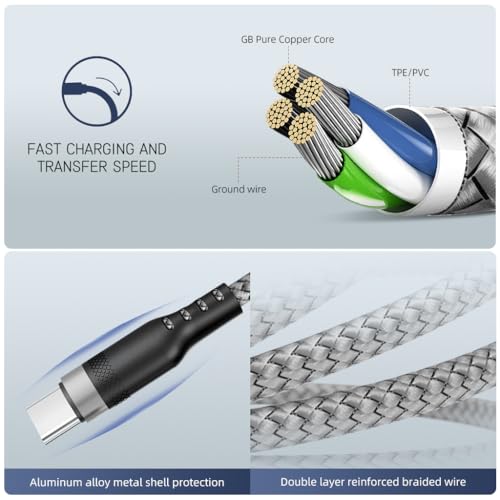 Verilux® 8M 26Ft Type C Cable 10W USB A to C Charging Ultra Long Compatible with Phone Tablet PS5 More Devices Grey 3PCS
