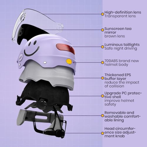 Proberos® Adult Electric Bicycle Helmet Riding Helmet Scooter Safety Helmet, Padded Safety Helmet with Face Cover, Goggle Detachable Ear Muffs, Adjustable Chin Strap & Red Reflective Sign Purple