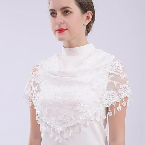 PALAY® Mass Veil for Women Triangle Chapel Mantilla Lace Shawl Embroidery Rose Tassle Scarf Ladies Cathedral Headwear Church Covering White 3 PCS