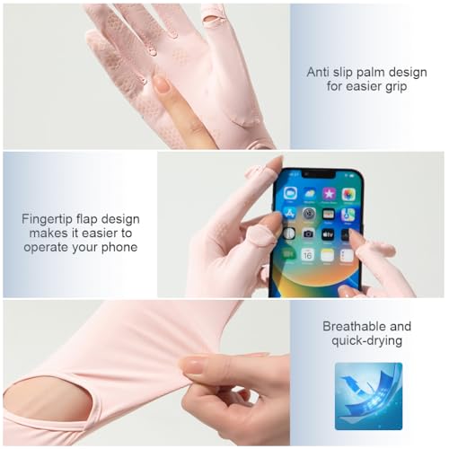 PALAY® Hand Gloves for Sun Protection with Arm Sleeves for Women, Ice Silk Cooling Sun Protection Gloves Women Non Slip Summer Outdoor UV Arm Sleeves for Bike Riding - Pink, Wrist Opening 2 PCS