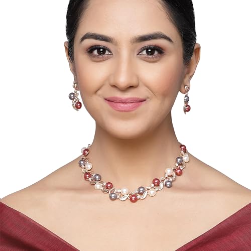SANNIDHI® Stylish Design Fancy Pearl Bracelet Earrings Necklace Jewellery Set for Women (15214s) Valentine Gift for Girlfriend