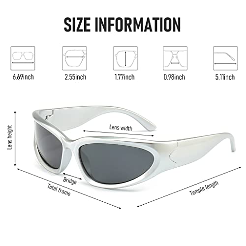GUSTAVE Stylish Polarized Sunglasses for Men Women Riding Sunglasses Stylish Cyberpunk Sport Sunglasses Silver Frame Grey Lens Sunglasses Fashion Accessory Goggles for Men Stylish
