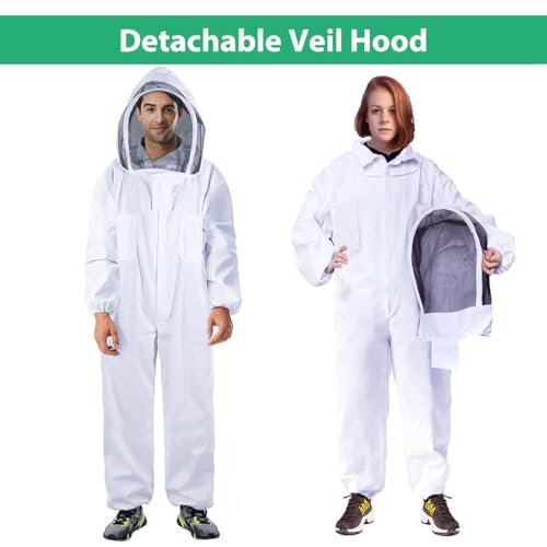 HASTHIP® Bee Suit with Protective Mesh Face Cover Hood Zip Up Long Sleeve Jumpsuit Breathable Outdoor Summer for 175-185cm Height Adult 3 PCS