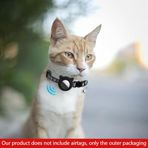 Qpets Black Cat Collar, Cat Collar with Silicone Airtag Holder Cute Cat Collar with Bell Quick Release Adjustable Cat Collar
