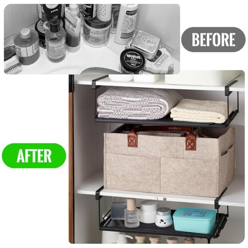 HASTHIP® Retractable Under Cabinet Shelf Seasoning Jars Metal Storage Slide Hanging Space Saving Kitchen Organizer Plates Rack 3PCS