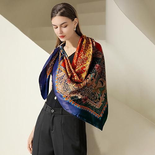 PALAY® Female Satin Scarf For Women Square Silk Feeling Head Shawl Comfy Polyester Hair Wrapping Scarves Girls 43.5×43.5 In Tree Of Life Prints Multicolor 3 PCS