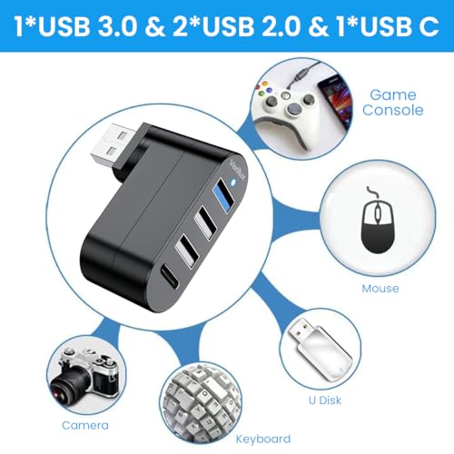 Verilux® USB Hub 3.0 for PC 4 in 1 Docking Station Laptop with Type C PD Charging Multi Port Extender 90 180 Rotatable Plug Design Universal Xbox PS5 3 PCS