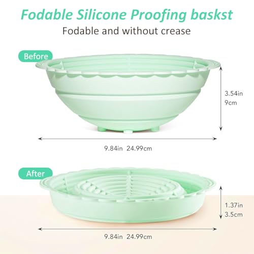 HASTHIP® 9.6-Inch Silicone Bread Basket Round Folding Proofing Food-Grade BPA-Free Non-Stick Baking Supplies for Sourdough Artisan (Green) 3 PCS
