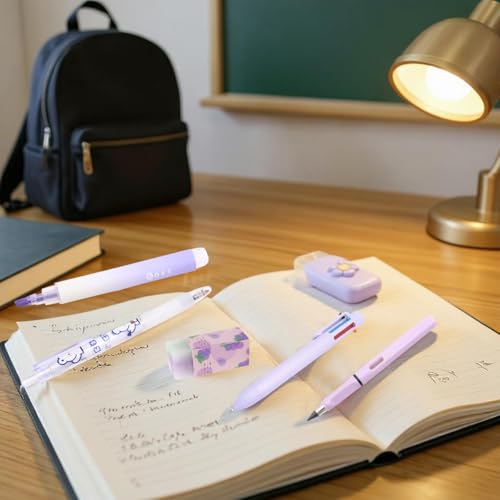 OFIFO® 6-Piece Cute Purple Stationery Set - Includes 6-in-1 Ballpoint Pen, Gel Pen, Long-Lasting Pencil, Eraser, Correction Tape, Highlighter, Suitable for School and Children's Gifts