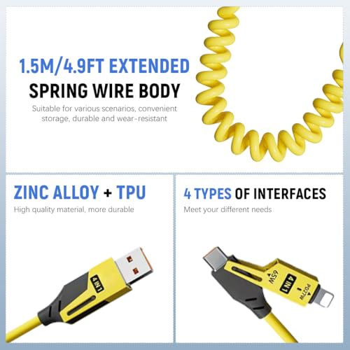 Verilux® 3Pcs 4 in1 Type C Cable with Spring,PD65W C Type Cable Fast Charging,480Mbps Data Transfer USB to Multi Adjustable Charging with C/USB A/Light-ning for iPhone 16/15