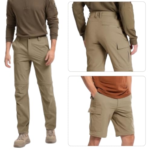 Proberos® Mens Trekking Pants Modular Zip-Off Convertible Hiking Trousers Quick Dry Multi-Pocket Lightweight Outdoor Adventure Wear Easy Travel Trail Fashionable Khaki Size L 3PCS