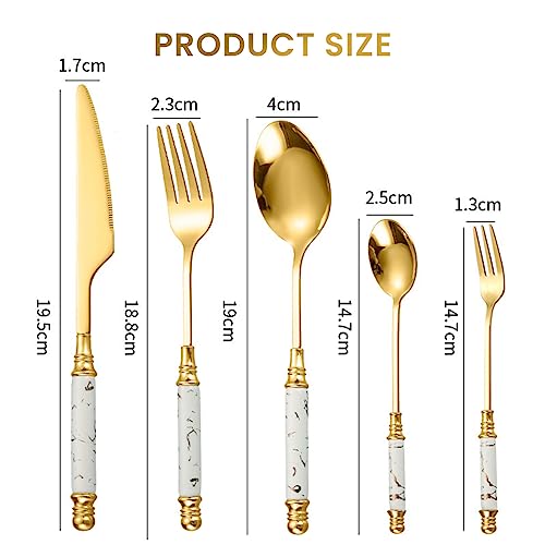 HASTHIP Set of 5 Cutlery Set, Stainless Steel Spoon and Fork Set, Cutter, Fork Tablespoon, Dessert Spoon, Fruit Fork, Exquisite Ceramic Handle Cutlery, Gift Cutlery for Festival (White)