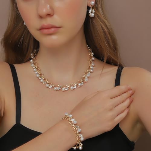 SANNIDHI® Stylish Design Fancy Pearl Bracelet Earrings Necklace Jewellery Set for Women Valentine Gift for Girlfriend-Gold