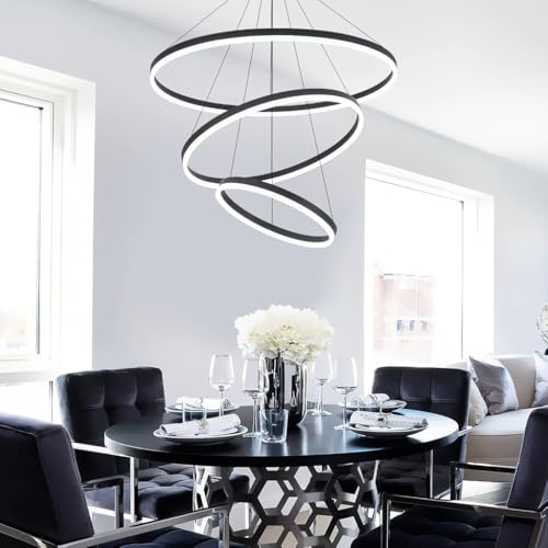 HASTHIP LED Pendant Light, 3 Rings Ceiling Light, with Dimmable and Adjustable Color Chandelier Lamp, with Remote Ceiling Lights for Living Room for Dining Room Bedroom Hallway (Black)