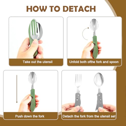 Proberos® 4 in 1 Tableware for Camping, Folding Fork & Spoon Cutter with Bottle Opener, Food Grade Stainless Steel Folding Tableware, Aluminium Handle, Travel Outdoors Multifunctional Tool