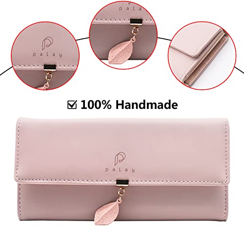 PALAY® Womens PU Leather Long Wallet Leaf Pendant Card Holder Phone Pocket Girls Zipper Coin Purse Pink 2PCS