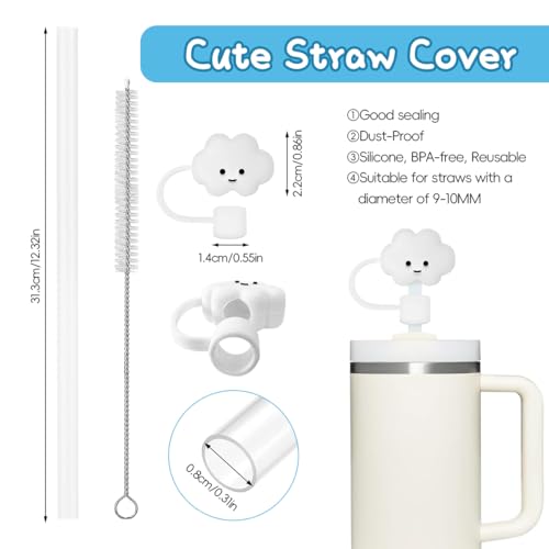 HASTHIP® 8PCS Straws for Stanley Cup with 2 Silicone Smile Cloud Straw Caps and 1 Cleaning Brush 12.2 Inches Reusable PE Replacements for 40oz Tumbler