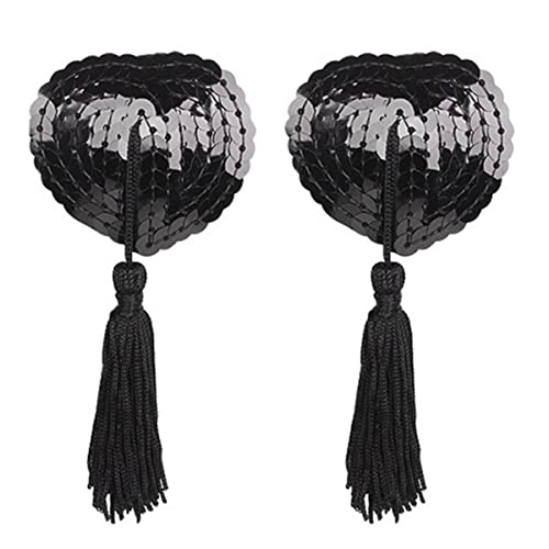 PALAY Nipple Cover Pasties Silicone Sequin Tassel Bra Reusable Romantic Adhesive Heart Nipple Pasties with Tassel for Lady Women (Black, One Pair)