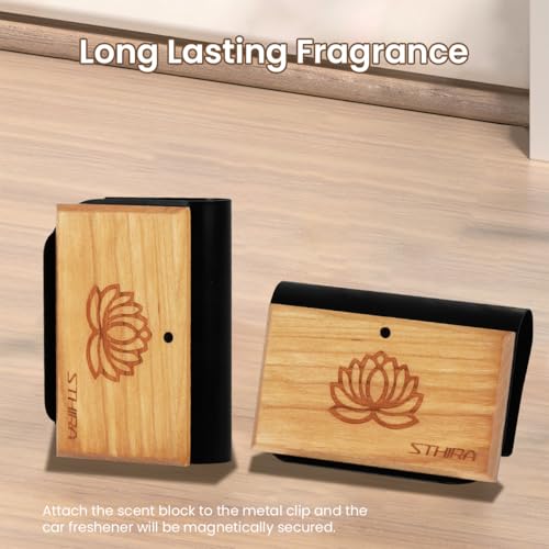 STHIRA® Wooded Fragrance Diffuser for Car Air Vent Elegant Lotus Embossed Natural Wooden Fragrance Diffuser Clip-on Air Vent Air Essential Oil Diffuser Car Decor, 3x0.7x1 inches