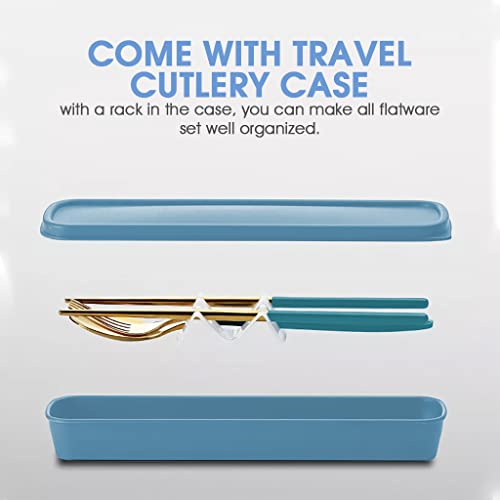 HASTHIP 3 Pcs Premium Gold Stainless Steel Fork Spoon Chopsticks, Portable Utensils with Box, Travel Camping Cutlery Set, Stainless Steel Flatware Set (Blue)
