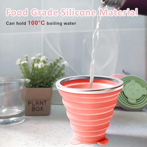 HASTHIP® 4 Pack Collapsible Cup for Travel Accessories Silicone Small Foldable Glass with Lids Reusable Expandable 180mL Drinking Cup Camping Accessories for Outdoor, Travel - Pink&Green
