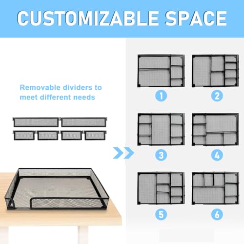 OFIFO® Desk Drawer Organizer Tray with 6 Adjustable Compartments, Metal Mesh File Organizer, Multi-Purpose Drawer Storage Solution for Office, Home, and School Use