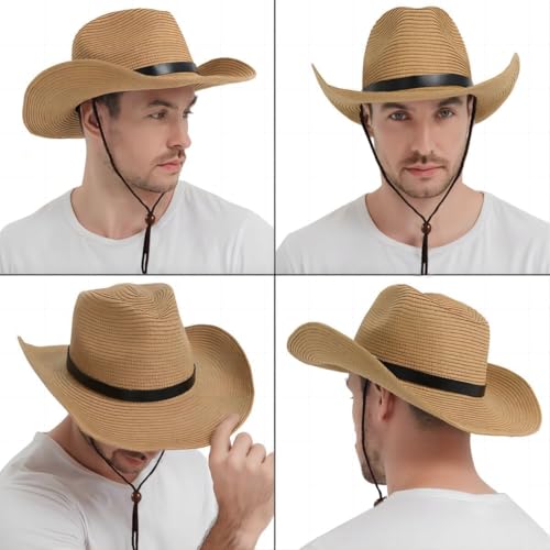 Proberos® Men's Straw Panama Hat Summer Fedora Trilby Wide Brim Adjustable Chin Strap UV Protection Breathable Lightweight Cowboy Style Ribbon Accent Outdoor Sun Cap 3PCS