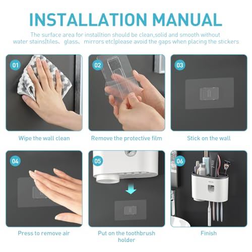 ZIBUYU® Toothbrush Holder Bathroom Stand 3 in 1 Wall Mounted with Toothpaste Dispenser Single Cup Family Self Adhesive Organizer 3PCS