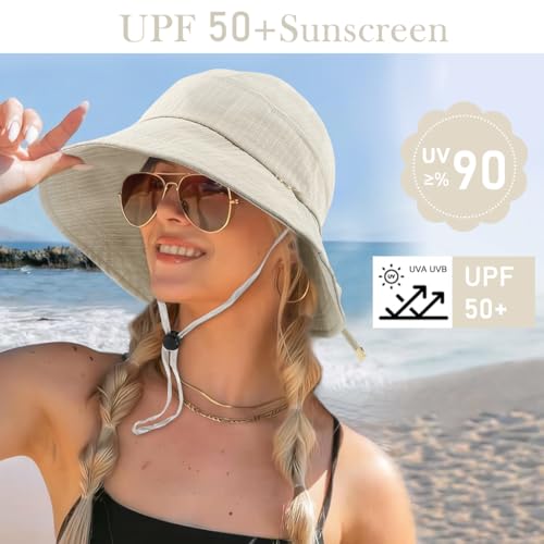 SANNIDHI® Womens Silicone Sun Hats Bucket Wide Brim Summer UV Protection Beach Fashion Outdoor Casual with Chin Strap Mothers Day Gift Beige Free Size 3PCS