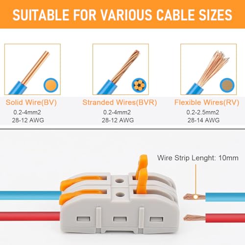 Serplex® 30PCS Cable Wire Connectors 1 In to 1 Out Electrical Quick Wiring Push-in Conductor Terminal Blocks for 28-12AWG Flame Retardant PA PC