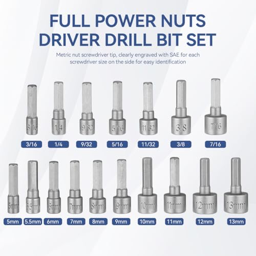 Serplex 23Pcs Power Nuts Driver Drill Bit Tools Set 1/4'' Driver Hex Shank Keys Metric Socket Wrench Screw Impact Driver Bit Set for Power Tools, Electric Drills Screwdrivers Socket Wrench