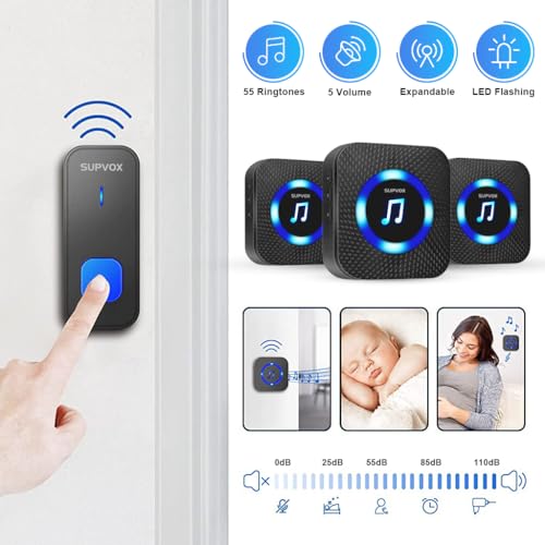 Supvox® Wireless Door Bell for Home 1 Receiver 2 Transmitter Calling for Office Waterproof IP55 Long Range Remote with LED Indicator Light 55 Ringtones 2PCS
