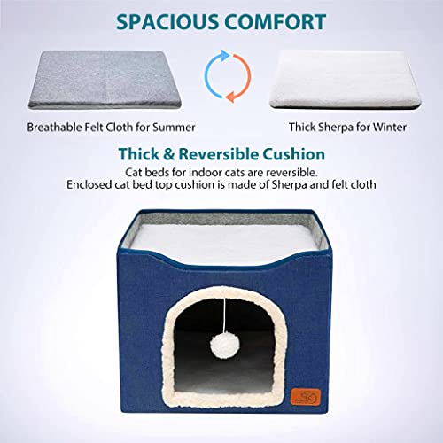 Qpets® Cat Beds for Large Cats House Cave with Fluffy Ball Hanging Toy and Scratch Pad Foldable Hideaway Blue 16.5x16.5x14 inches 3 PCS