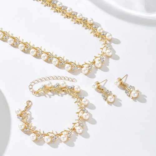 SANNIDHI® Stylish Design Fancy Pearl Bracelet Earrings Necklace Jewellery Set for Women Valentine Gift for Girlfriend-Gold