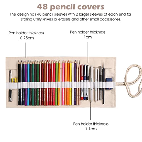 HASTHIP Canvas Pencil Wrap Case, Pencil Roll Wrap, Pencil Holder with 48 Slots, Colored Cartoon Prints Roll Up Pencil Pouch Gift for Students Sketching Drawing Writing Storage (Without Pencil)