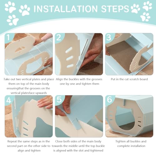 Qpets Assembly Cat House Air Ventilation Cat House Octagon Cat House with Open Roof Waterproof PP BPA-free Cat Scratcher Play House Cat House with Cat Scratcher Mat, 42x36x30cm