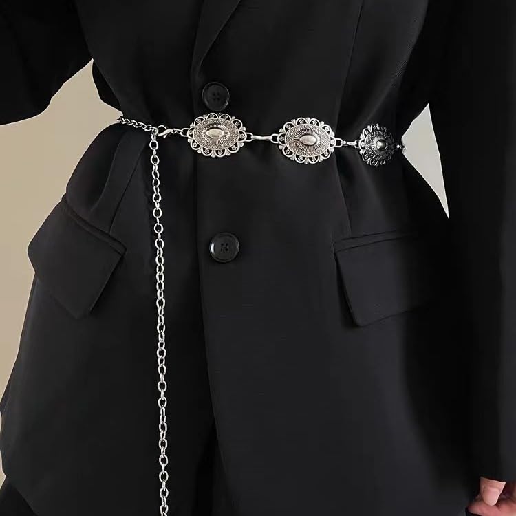 PALAY® Waist Belt for Women Silver Metal Concho Hip Saree Fashion Vintage Chain Adjustable Boho Western Ladies Belts Dresses Jeans Skirts 3PCS