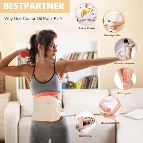 HANNEA® Castor Oil Pack, Oil Pack Wrap for Liver Detox, Reusable & Highly Absorbent Caster Oil Packs Cotton Flannel with Elastic Strap, Khaki 3 PCS