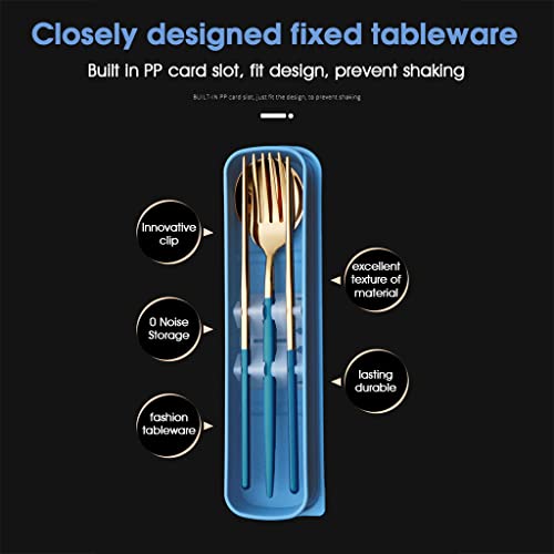 HASTHIP 3 Pcs Premium Gold Stainless Steel Fork Spoon Chopsticks, Portable Utensils with Box, Travel Camping Cutlery Set, Stainless Steel Flatware Set (Blue)