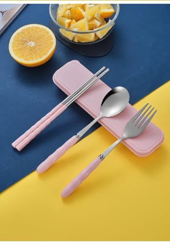 ZIBUYU® Portable Flatwares with Carry Case Set of 3Pcs Chopsticks, Spoon & Fork Combo Food Grade Stainless Steel Cutlery Set Lunch Bag Cutlery Fashion Pink Cutlery for Camping, School, Travel, Office