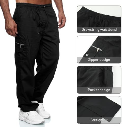 GUSTAVE Cargo Pants for Men - Polyester Casual Baggy Pants - Elastic Adjustable Waistline Fashion Summer Lightweight Loose Men'S Trousers Sport - Cargo Trousers for Men With Multi Pockets - L Black