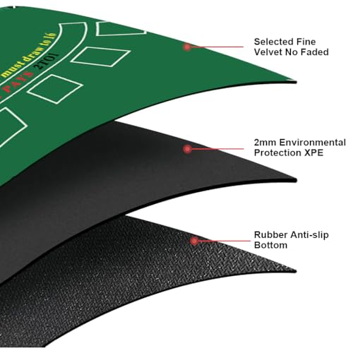PATPAT Blackjack Poker Table Mat 70.8x35.4 inches Standard Green Blackjack Poker Table Mat with 7 Betting Boxes Anti-slip Poker Mat Smooth Poker Table Mat for Blackjack Casino Game