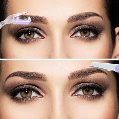MAYCREATE 3Pcs Eye Brow Scissor Eyebrow Removal Tweezer Eyebrow Trimmer Razor Facial Hair Shaper Eyebrow Trimming Make Up Tool with PU Leather Case Shave and Hair Removal, Purple