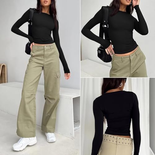PALAY Fashion Women Basic Top Stretchy Long Sleeve Basic Layer Clothing Crew Neck Crop Tops Y2K Tops Slim Fitted Top for Girls Base Layer, Size M