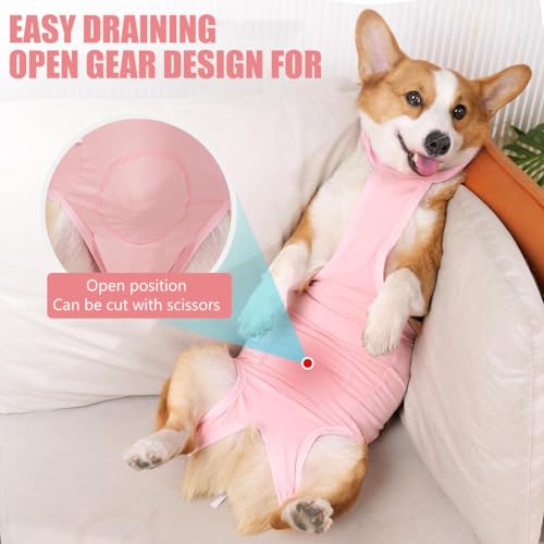 Qpets Pink Dog Clothes, Dog Recovery Suit for After Neutering Surgery Strap Dog Everyday Clothing Wound Wrap, Dog Onesie Surgical Clothes Anti-lick Wound Bodysuit for Male and Female Dog (L)