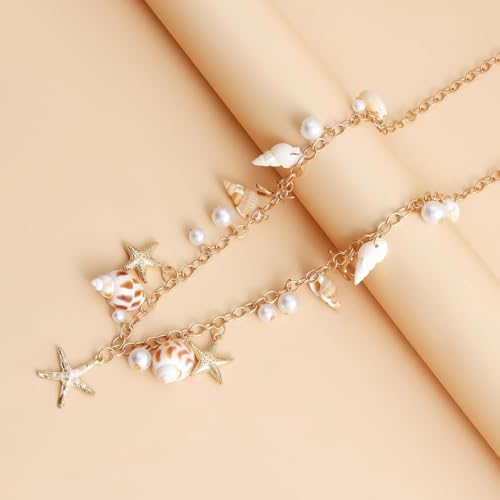 SANNIDHI® Waist Chain for Women Sexy Starfish Shell Bikini Body Hip Chain for Women Saree, Mermaids Pearl Belly Waist Belt for Beach Wear - Gold, Adjustable 3 PCS